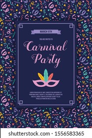 Carnaval Party - Funny Invitation With Colorful Background With Confetti. Vector