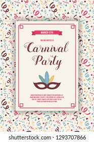 Carnaval Party invitation card with funny decorations. Vector