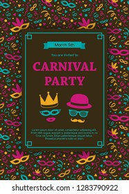 Carnaval Party invitation with colorful background. Vector.