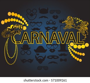 Carnaval portuguese language background vector. Gold and dark blue elegant design.
