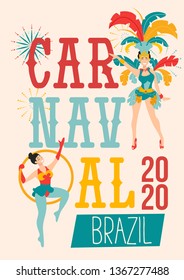 Carnaval poster design template.Brazil festival colorful greeting card or invitation. Carnaval Concept with women in festive costumes and fireworks. Vector carnaval illustration.