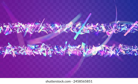 Carnaval Serpentine. Cristal Poster. 3d Colourful Template. Festive Glitter. Glare Concept. Digital Dust. Neon Tinsel. Pink Light Background. Purple Carnaval Serpentine