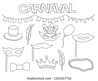 Carnaval set of icons and objects. Hand drawn doodle masquerade design concept. Black and white outline coloring page game. Monochrome line art. Vector illustration.