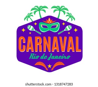 Carnaval typography with mask, palms, feathers. Rio de Janeiro