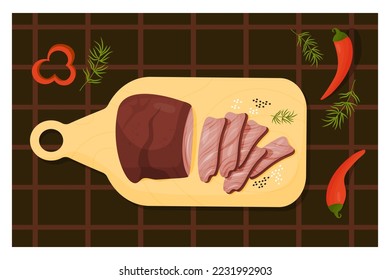 Carne Asada Grilled beef. Mexican popular grilled meat food. Kitchen board cut into pieces meat with chili peppers and herbs. Vector illustration of Latin American national dish