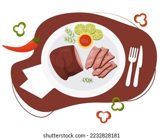 Carne Asada Carne de buey a la parrilla. La comida mexicana. Carne a la parrilla en un plato cortada en trozos con salsa, lonchas de lima y pimienta picante. Vista superior del plato servido. Ilustración vectorial del plato nacional latinoamericano