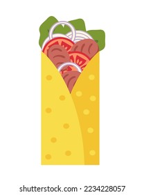 Carne asada mexican fastfood burrito in flat style. Perfect for tee, stickers, menu and stationery. Isolated vector illustration for decor and design.




