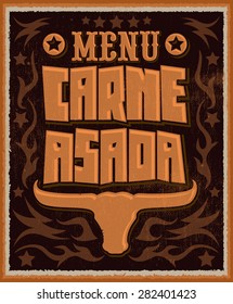 Carne asada, roast meat - barbecue spanish text menu - vector lettering design - western style
