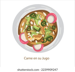 Carne en su Jugo mexican food vector. Best Mexican Dishes. Latin american food illustration.