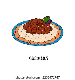Carnitas with rice side dish on a plate isolated on white background. Hand drawn element for the design of fabrics, wallpapers, postcards