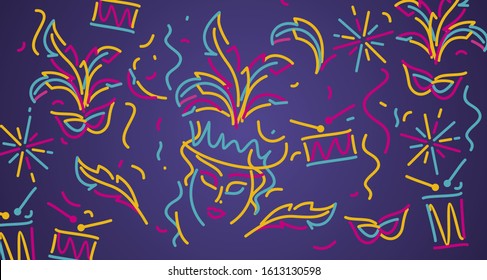 Carnival 2020 colorful line design. carnival object elements purple background