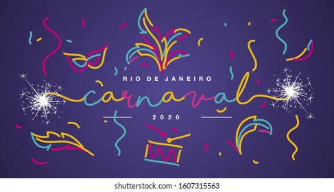 Carnival 2020 Rio de Janeiro Portuguese language handwritten typography sparkle firework colorful line design black background