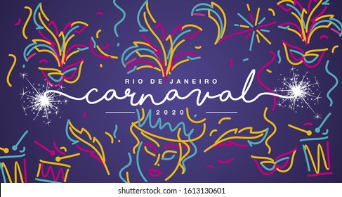 Carnival 2020 Rio de Janeiro Portuguese language white handwritten typography sparkle firework colorful line design purple banner