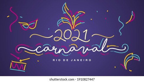 Carnival 2021 Portuguese language handwritten typography colorful line design carnival elements purple invitation card