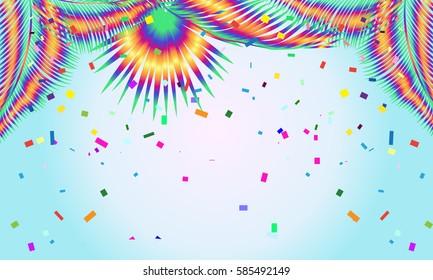 Carnival 2023 festive poster vector tropical frame. Bright confetti, masquerade abstract colorful background. Brazilian Festival, Venetian carnival, Mardi Gras parade, Festa Junina decoration, Rio app