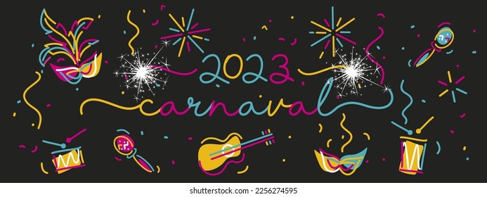 Carnival 2023 Portuguese language handwritten typography sparkle firework colorful line design black background