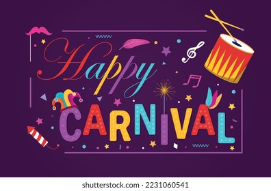 Carnival 2023 poster concept. Greeting and invitation postcard design. culture and traditions. Colorful mask and confetti, decorations and drums. Stars and sparkles. Cartoon flat vector illustration