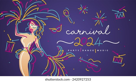 Cartel del Carnaval 2024. Niña de fiesta colorida enmascarada con elementos de carnaval tambores sonar guitarra destellos fuegos artificiales aislados en fondo morado