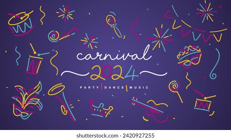 Carnival 2024 elements banner. Mask drums rattles guitar fanfare whistle crown tiara flags ribbons sparkle firework confetti isolated on purple background