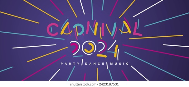 Carnival 2024 handwritten typography colorful logo with sparkle firework party dance music purple background