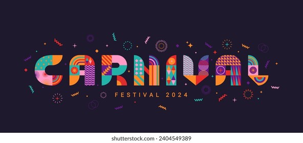 Carnival 2024 horizontal banner, invitation for festival.Party card to carnaval,mardi gras,masquerade,parade.Letters from geometric shapes,fireworks,stars.Template for design flyer, web,poster. Vector