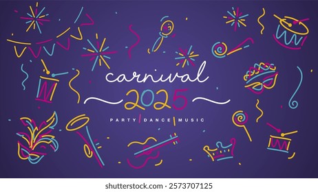 Carnival 2025 elements banner. Mask drums rattles guitar fanfare whistle crown tiara flags ribbons sparkle firework confetti isolated on purple background