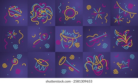Carnival 2025 handwriten beautiful line design carnival signs symbols elements on abstract purple squares background pattern