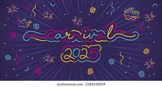 Carnival 2025 new colorful handwriten line design calligraphy lettering typography. Rijeka Carnival title with colorful confetti ribons firework on purple background