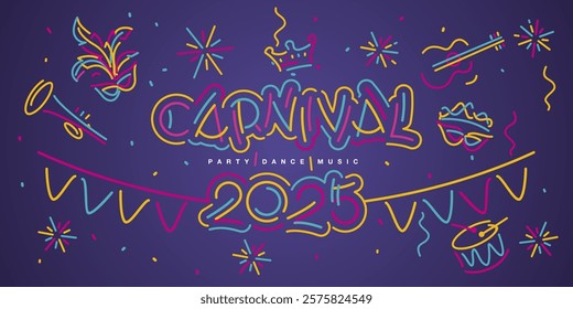 Carnival 2025 new handwriten line design typography with festive elements. Masks drum guitar fanfare crown flags ribbons sparkle firework confetti isolated on purple background