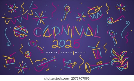 Carnival 2025 party dance music elements banner. Mask drums rattles guitar fanfare whistle crown tiara flags ribbons sparkle firework confetti isolated on purple background