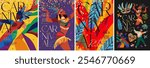 Carnival. 2025. Vector modern abstract illustration of dancing Brazilian woman at carnival in Brazil, feather background, Venetian mask, icons for poster, cover, flyer, invitation or leaflet