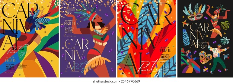 Carnival. 2025. Vector modern abstract illustration of dancing Brazilian woman at carnival in Brazil, feather background, Venetian mask, icons for poster, cover, flyer, invitation or leaflet