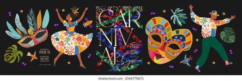 Carnival. 2025. Vector modern abstract illustration of dancing Brazilian woman at carnival in Brazil, sequins background, Venetian mask, icons for poster, cover, flyer, invitation or leaflet