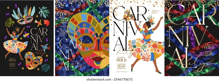 Carnaval. 2025. Ilustración abstracta moderna del Vector de la mujer brasileña bailando en el carnaval en Brasil, fondo de lentejuelas, máscara veneciana, iconos para el cartel, cubierta, volante, invitación o folleto