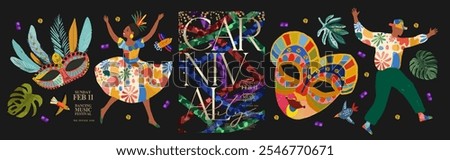 Carnival. 2025. Vector modern abstract illustration of dancing Brazilian woman at carnival in Brazil, sequins background, Venetian mask, icons for poster, cover, flyer, invitation or leaflet