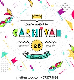 Carnival abstract background in 80s memphis style. Hipster poster, juicy, bright color background. Vector illustration