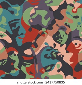 Carnival abstract mural painting in cubism Picasso style. Graphic design poster with abstract form mask face characters. Modern colourful art. Graffiti print. Cartoon seamless background Vector 