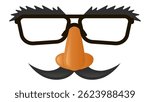Carnival accessories creating a comical character with oversized glasses, a prominent fake nose, a thick mustache, and bushy eyebrows, evoking humor and playful disguise