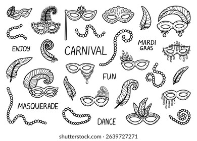 Carnival accessories set. Hand drawn doodle vector. Masquerade mask, feathers, beads. Vintage holiday costume. Secret face. Festival decoration. Holiday fashion. Illustration line art group elements.