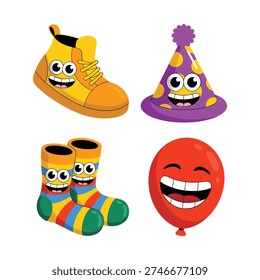 Carnival accessories vector set with boots, wizard hat, red smile balloon, striped socks, costume day poster, playful celebration graphics