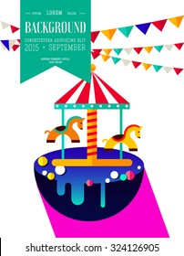 Carnival in amusement park. Flat landscape with carousel. CircusIcon set. Fairy tale