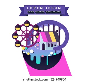 Carnival in amusement park. Flat roller coaster, gingerbread house, carousel,  tent. Vector flat icon. Fairy tale