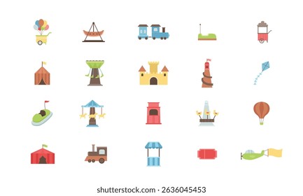 carnival and amusement park icons collection featuring rides, tents, balloons, food carts, tickets, and festival elements