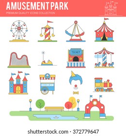 Carnival in amusement park. Landscape with a Ferris wheel, roller coaster, carousel, castle, ice cream, clown, tent. Vector illustrations flat line icon set for your design