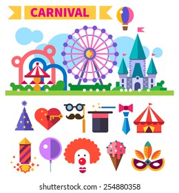 Carnival in amusement park. Laughter, smiles, children, sweets. landscape with a Ferris wheel, roller coaster, carousel, castle. clown, party poppers, tent. Vector flat icon set and illustrations