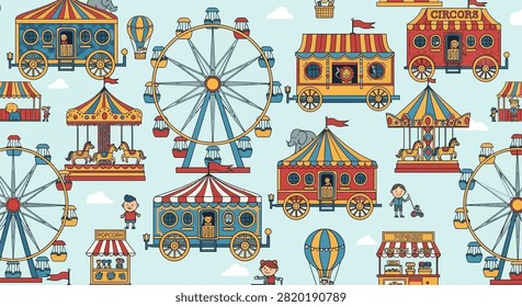 Carnival amusement park rides and circus wagons populate this whimsical pattern design suitable for children's decor.