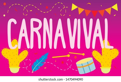 Carnival Attributes Advertising Image on Pink Background. Fireworks and Carnival. Celebrate Days of Brazilian Carnival. National Holiday of Brazil. Vector Ilustration. Advertising Image with Text.