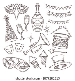 Colección de atributos de carnaval en estilo doodle sobre fondo blanco, símbolos de carnaval veneciano