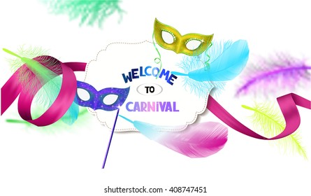 Carnival background with bright colorful feathers and masks