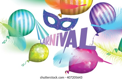 Carnival background with bright colorful feathers,air balloons and mask